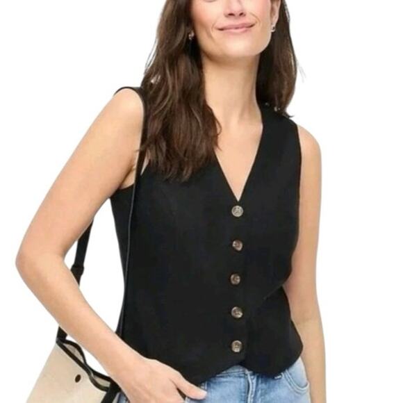 J CREW Button Front Linen Blend Vest Black Size 6 NWT Preppy Academia - Picture 1 of 6